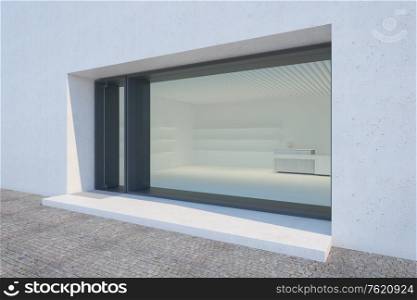 Shop showcase and entrance, 3d rendering