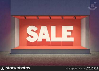 Shop showcase with sale banner in night, 3d rendering