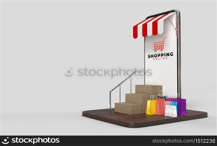 Shopping bags, Shopping cart, and the phone an online shop store internet digital market website or Mobile Application. Concept of e-commerce and digital marketing business. 3d rendering