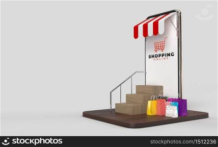 Shopping bags, Shopping cart, and the phone an online shop store internet digital market website or Mobile Application. Concept of e-commerce and digital marketing business. 3d rendering