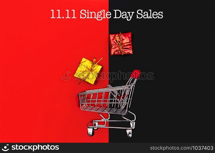 shopping cart and gift box, year-end sale, 11.11 singles day sale concept
