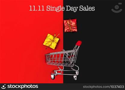 shopping cart and gift box, year-end sale, 11.11 singles day sale concept