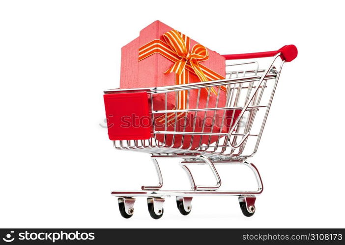 Shopping cart and giftboxes on white
