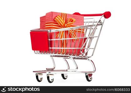 Shopping cart and giftboxes on white