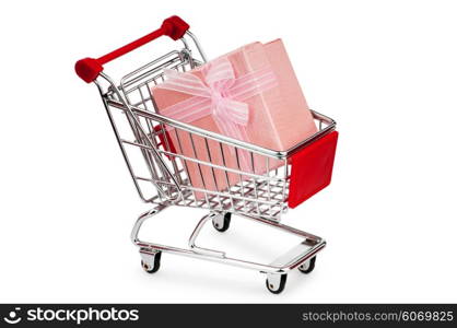 Shopping cart and giftboxes on white