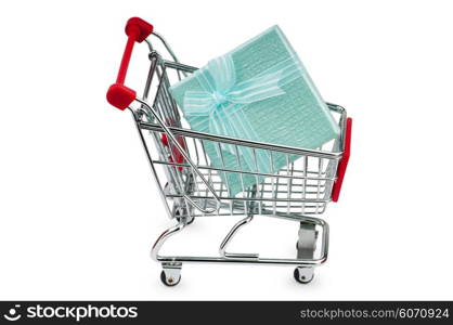 Shopping cart and giftboxes on white