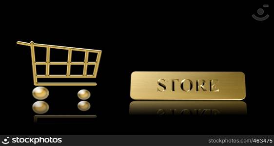 Shopping cart and store written on a black background