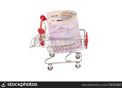 shopping cart full of euro banknotes isolated