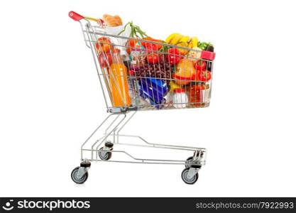 Shopping Cart full of Food and Drink on the White Background