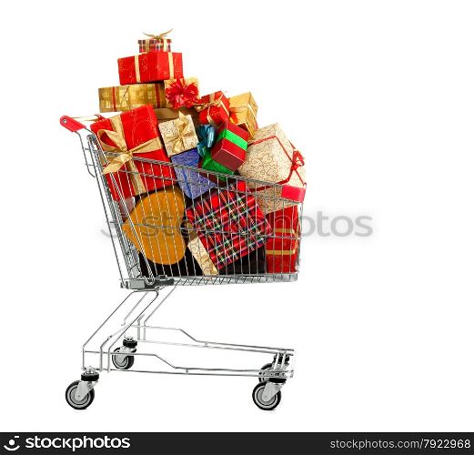 Shopping Cart full of Gifts and Boxes of Different Shapes and Colors on the White Background