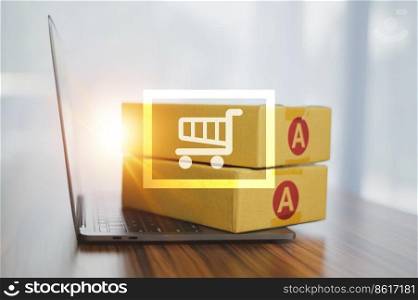 Shopping cart icon on laptop online shopping concept.