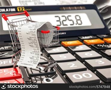 Shopping cart on calculator and receipt. Home budget or consumerism concept. 3d