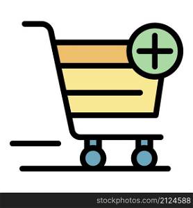 Shopping cart plus icon. Outline shopping cart plus vector icon color flat isolated. Shopping cart plus icon color outline vector