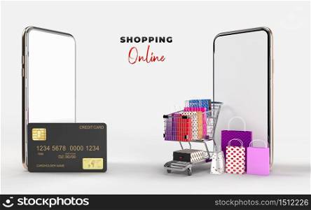 Shopping cart, shopping bags, And the product box and the Phone Which is an online shop store internet digital market. Concept of e-commerce and digital marketing business. 3d rendering
