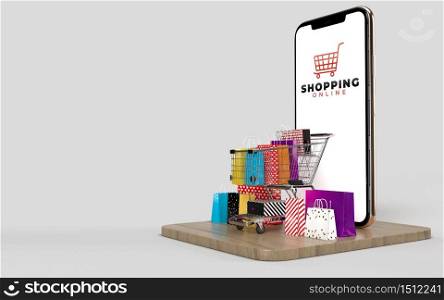 Shopping cart, shopping bags, And the product box and the Phone Which is an online shop store internet digital market. Concept of e-commerce and digital marketing business. 3d rendering