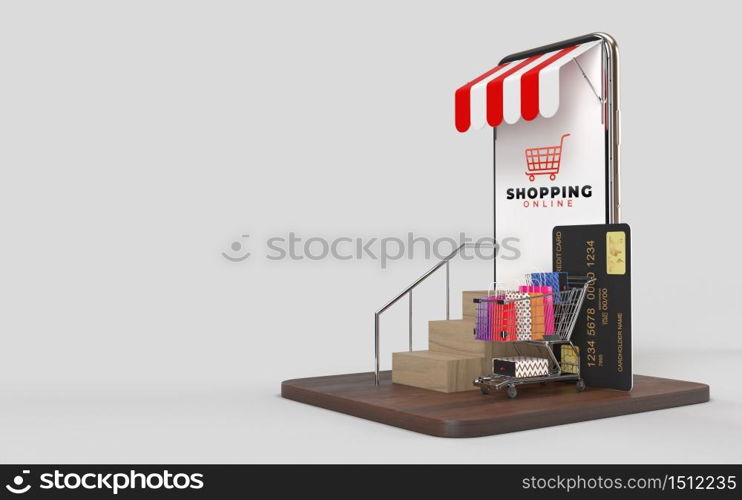 Shopping cart, shopping bags, credit card, Up the stairs and the tablet Which is an online shop store internet digital market. Concept of e-commerce and digital marketing business. 3d rendering