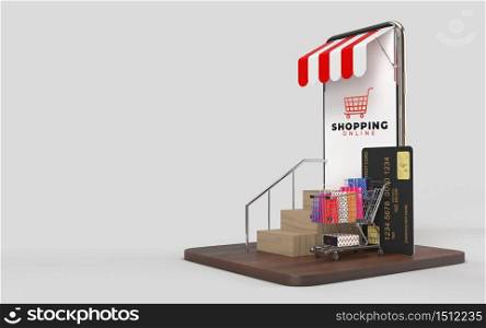 Shopping cart, shopping bags, credit card, Up the stairs and the tablet Which is an online shop store internet digital market. Concept of e-commerce and digital marketing business. 3d rendering