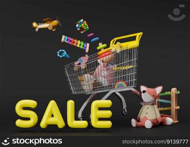 Shopping cart, trolley with children’s toys on black background with yellow text sale. Multicolored toys for toddler or baby. Sale of toys, good offer, discount. Toys store. 3d rendering. Shopping cart, trolley with children’s toys on black background with yellow text sale. Multicolored toys for toddler or baby. Sale of toys, good offer, discount. Toys store. 3d rendering.