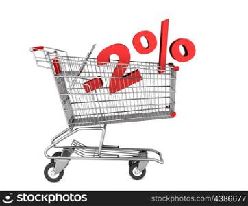 shopping cart with 2 percent discount isolated on white background