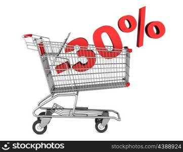 shopping cart with 30 percent discount isolated on white background
