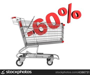 shopping cart with 60 percent discount isolated on white background