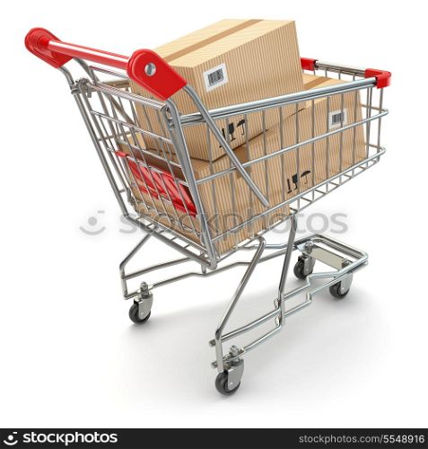 Shopping cart with boxes on white isolated background. 3d