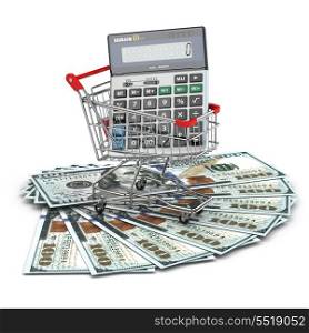 Shopping cart with calculator on dollar banknotes. 3d