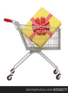 shopping cart with gift box isolated on white background. 3d illustration
