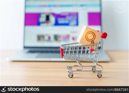Shopping cart with Magnifying icon block and laptop computer with marketplace website, technology, ecommerce, SEO, Search Engine Optimization, Advertising, keyword and online payment concept