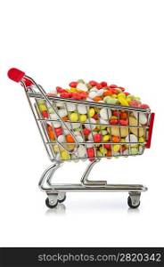 Shopping cart with many colourful pills