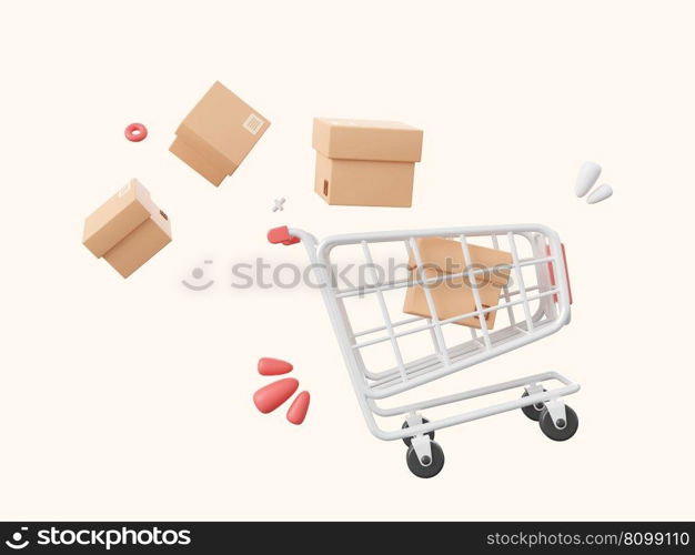 Shopping cart with parcel box, 3d cartoon icon isolated on white background, 3d illustration.