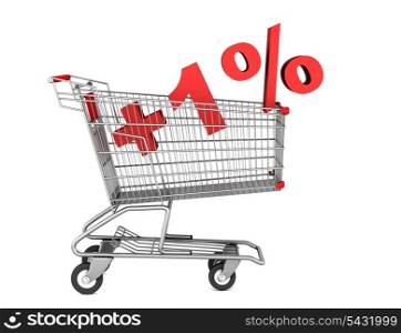 shopping cart with plus 1 percent sign isolated on white background