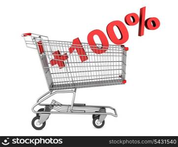 shopping cart with plus 100 percent sign isolated on white background