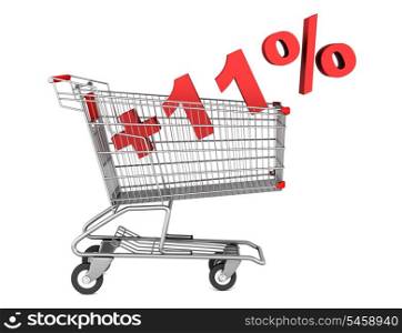 shopping cart with plus 11 percent sign isolated on white background