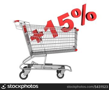 shopping cart with plus 15 percent sign isolated on white background