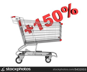 shopping cart with plus 150 percent sign isolated on white background