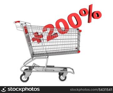 shopping cart with plus 200 percent sign isolated on white background