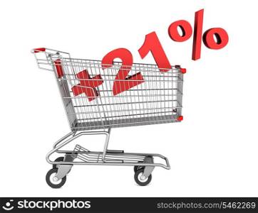 shopping cart with plus 21 percent sign isolated on white background