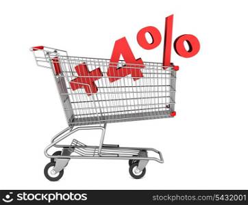 shopping cart with plus 4 percent sign isolated on white background
