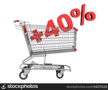 shopping cart with plus 40 percent sign isolated on white background