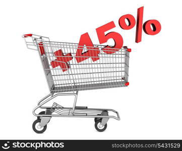 shopping cart with plus 45 percent sign isolated on white background