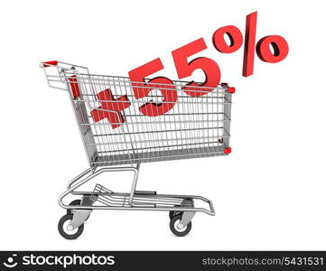 shopping cart with plus 55 percent sign isolated on white background