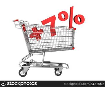 shopping cart with plus 7 percent sign isolated on white background