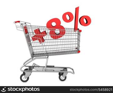 shopping cart with plus 8 percent sign isolated on white background