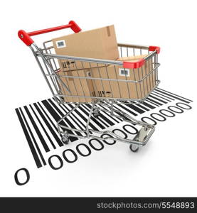 Shopping cart with purchases on bar code. 3d