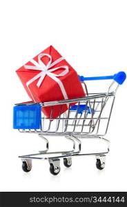 shopping cart with red gift box, cut out from white