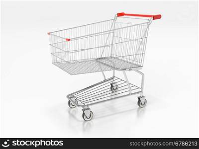 Shopping cart with red handle on white glossy background. 3d render