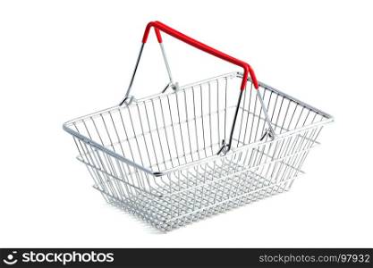 Shopping Concept: Empty Metal Shopping Cart on White Background