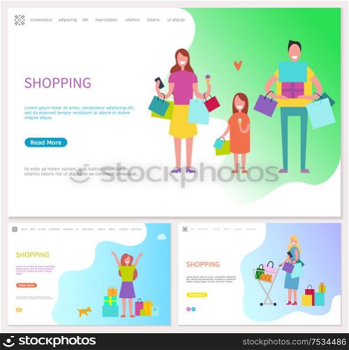 Shopping family spending day together in shops vector. Mother and father walking with daughter carrying presents and packages. Cart trolley with gifts. Shopping Family Spending Day Together in Shops
