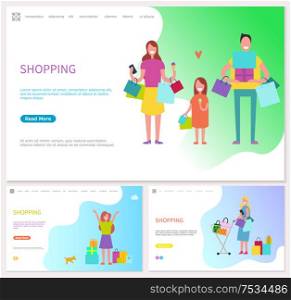 Shopping family spending day together in shops vector. Mother and father walking with daughter carrying presents and packages. Cart trolley with gifts. Shopping Family Spending Day Together in Shops